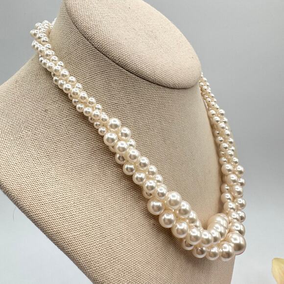 RMN Twisted Ivory Faux Pearl Necklace Triple Multi Strand Wedding Bridal 17 1/2” - Picture 2 of 7